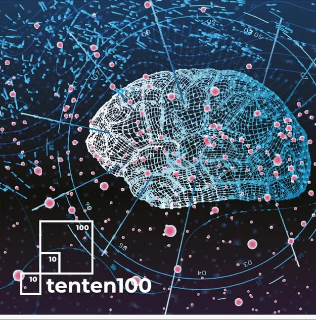 Wireframe brain visualisation on a dark star field